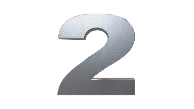 Isolated brushed metal number two 3D render with a modern metallic texture and realistic light reflections.