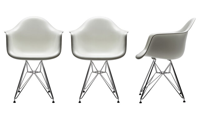 Isolated three views of a modern plastic shell dining chair with metal Eiffel base