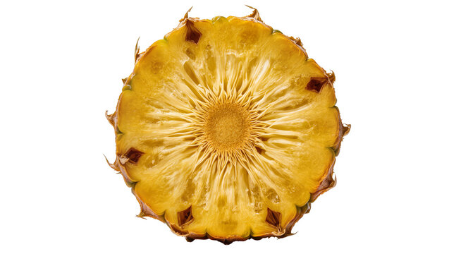 Isolated fresh ripe pineapple fruit cross-section showcasing juicy yellow flesh and fibrous core