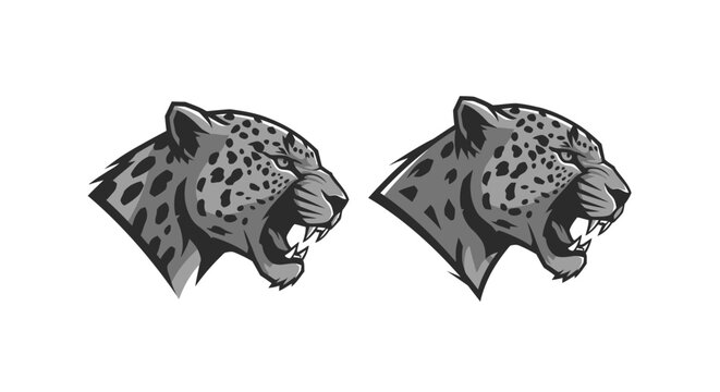 Two Roaring Leopard Heads in Profile View.