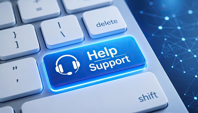 Help support key on keyboard for customer service assistance. Blue assistance button on computer keyboard for IT or technical aid. Professional con...