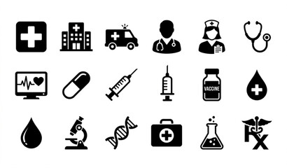 Obraz premium Monochrome medical icon collection with hospital medicine emergency healthcare and laboratory symbols vector illustration