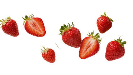 Isolated fresh ripe red strawberries falling through air with whole and juicy halved fruits © Saoirse