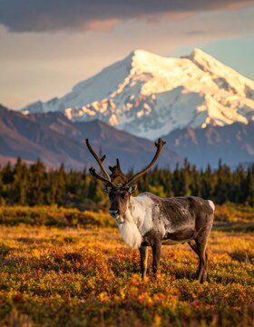 A majestic reindeer stands in a field of colorful autumn tundra with a snow-capped mountain in the background.