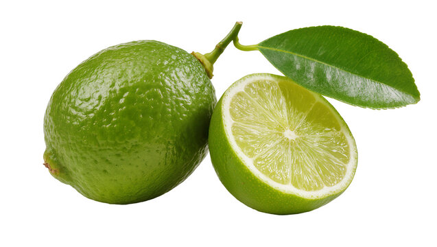 Isolated fresh vibrant green whole lime and cut half with a healthy leaf on a stem