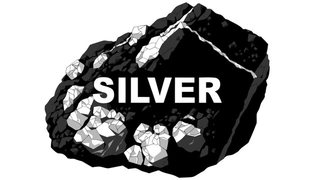 Very beautiful black and white realistic vector illustration of raw silver ore featuring engraved metallic rock texture with a bold label reading "SILVER", isolated on white background.