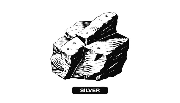 Very beautiful black and white realistic vector illustration of raw silver ore featuring engraved metallic rock texture with a bold label reading "SILVER", isolated on white background.