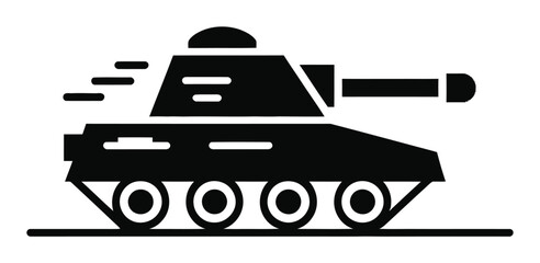 プロジェクト向けの白背景に隔離された前進する軍用戦車のミニマル白黒イラスト © Hintsync