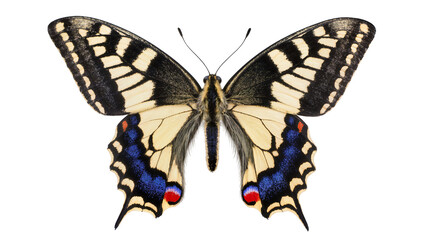 Isolated beautiful European swallowtail butterfly with vibrant yellow and black wings spread © Cian