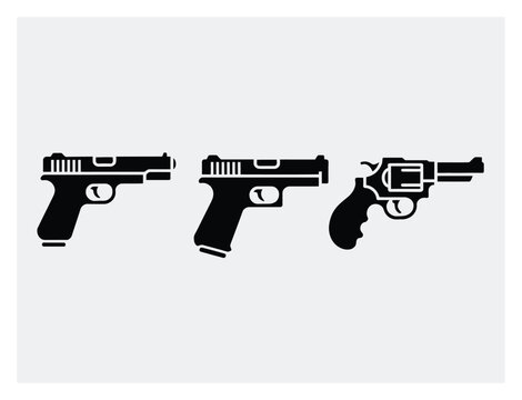 薄いグレー背景に隔離された異なる種類の拳銃と火器を表す黒シルエット3点セット