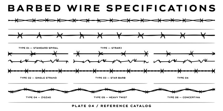 Barbed Wire Specifications Illustration Showing Different Types of Barbed Wire Designs and Patterns Featuring Standard Spiral, Single Strand, Star