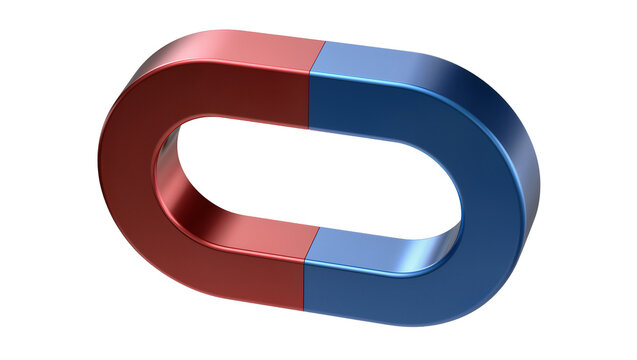 Isolated glossy metallic red and blue horseshoe magnet representing magnetism and polarity concept.