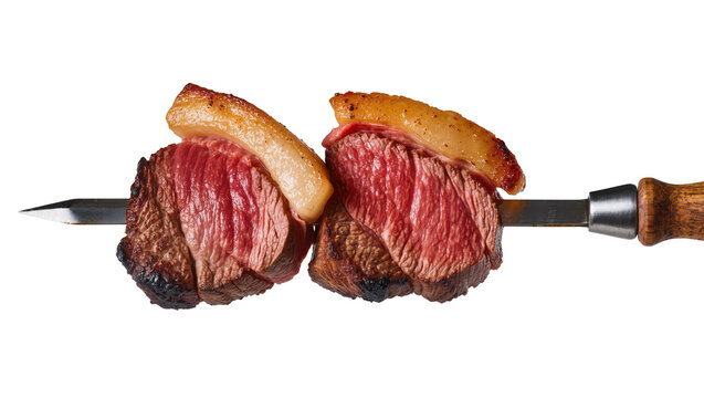 Isolated grilled picanha beef skewers, tender and juicy with a golden crispy fat cap