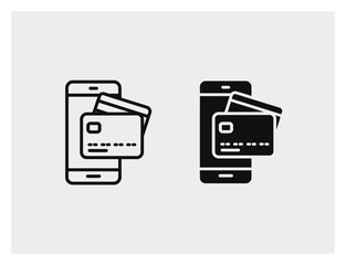 デジタル金融とECアプリ向けのスマートフォンとクレジットカードシンボルをアウトラインと黒塗りで示すモバイル決済 © Hintsync