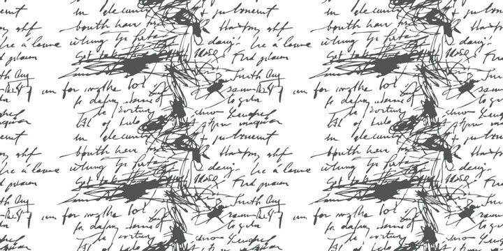 Seamless pattern with black handwritten cursive text and ink scribbles on a clean textured paper background