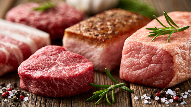 A beautiful assortment of raw meat cuts displayed on a rustic wooden surface, garnished with fresh herbs and spices, perfect for culinary presentations and food photography.