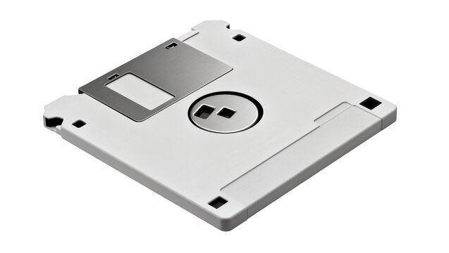 Isolated 3.5 inch floppy disk, a vintage data storage device from retro computing era