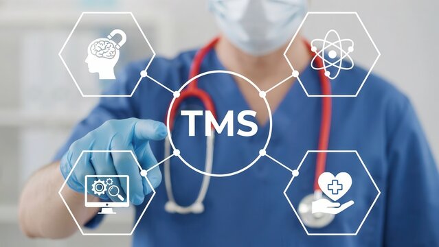Doctor touching a virtual interface with tms acronym