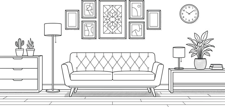 Modern living room interior line art illustration featuring tufted sofa gallery wall picture frames lamps clock and potted house plants