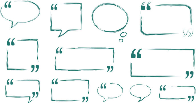A vector collection of teal green text frames, quote marks, speech bubbles, and message boxes isolated on a white background.