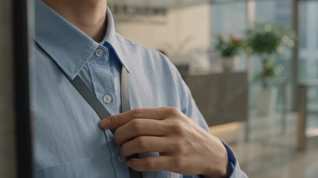 Adjusting Office ID Badge and Shirt Collar Before Workday