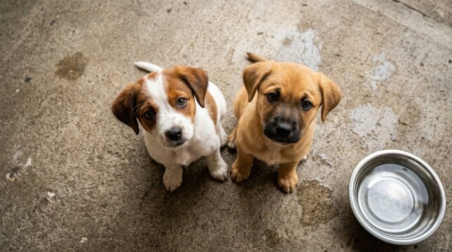 Two cute and innocent mixed-breed puppies sitting on a concrete floor next to a metal water bowl, looking up with curious eyes, capturing a heartwarming moment of pet companionship and loyal puppy