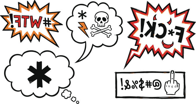 A vector set of comic speech and thought bubbles featuring swearing symbols, skull and crossbones, expletives, red accents, and angry profanity graphics isolated on white.