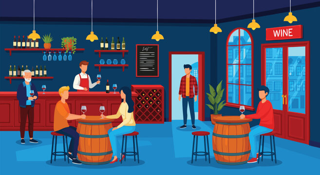 Vector illustration design of a cozy wine bar interior featuring people socializing and drinking wine in a stylish lounge setting with barrel tables in 8