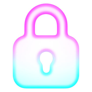 Pastel holographic style secure padlock icon with smooth pink and cyan neon soft gradient color tones, Translucent fluid design element with glossy finish suited for data protection