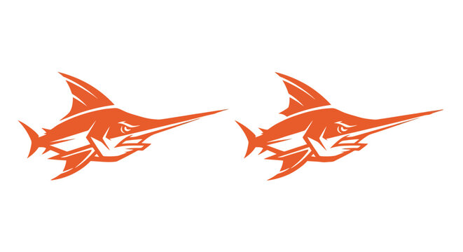 Two Orange Swordfish Silhouettes Facing Opposite Directions.