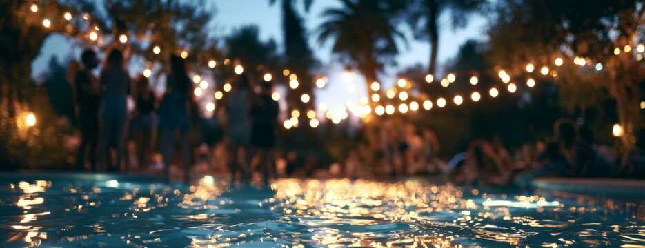 Pool party with people celebrating at night under string lights, blurred background   