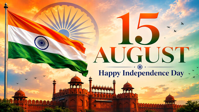 15 august happy independence day with indian flag red fort and ashoka chakra