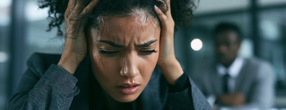 Stressed woman holding her head during a meeting in the office  