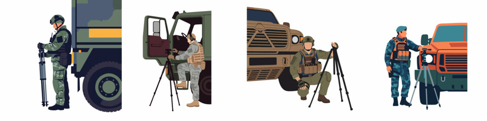 Set of vector illustrations featuring soldiers in various camouflage uniforms with military vehicles and surveillance equipment on a white background. © Kadal