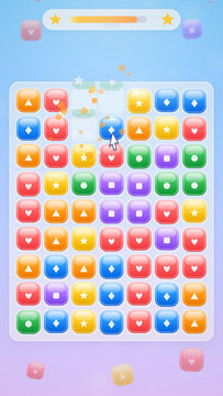 Colorful match-3 puzzle game interface featuring glossy block icons with geometric shapes. This bright vector layout with a progress bar and mobile casual gaming design, Vertical mode