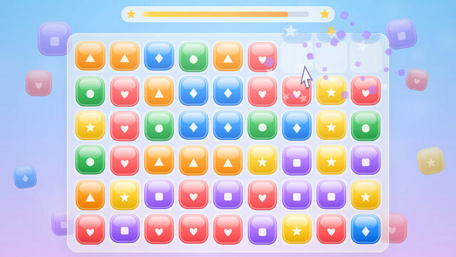 Colorful match-3 puzzle game interface featuring glossy block icons with geometric shapes. This bright vector layout with a progress bar and cursor is perfect for mobile casual gaming design