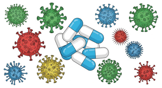 medical pills surrounded by colorful virus particles in bright blue yellow green red and blue tones for healthcare and disease treatment