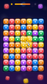Colorful match-3 puzzle game interface featuring glossy block icons with geometric shapes. This bright layout with a progress bar and casual gaming design, Vertical and dark mode