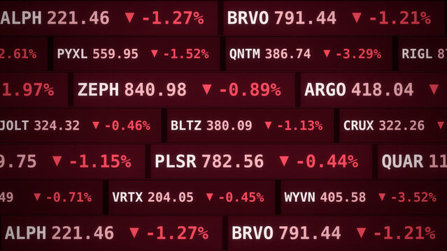 Red stock market ticker screen displaying falling financial data, negative percentages, and downward arrows, representing a global economic recession, bearish market trends, or financial crisis.