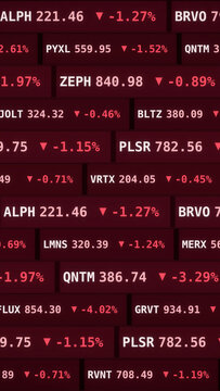 Red stock market ticker screen displaying falling financial data, negative percentages, and downward arrows, representing a global economic recession, bearish market trends, financial crisis, Vertical