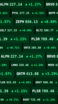 Green stock market ticker screen displaying rising financial data, positive percentages, and upward arrows, representing a global economic growth, bullish market trends, or financial success, Vertical