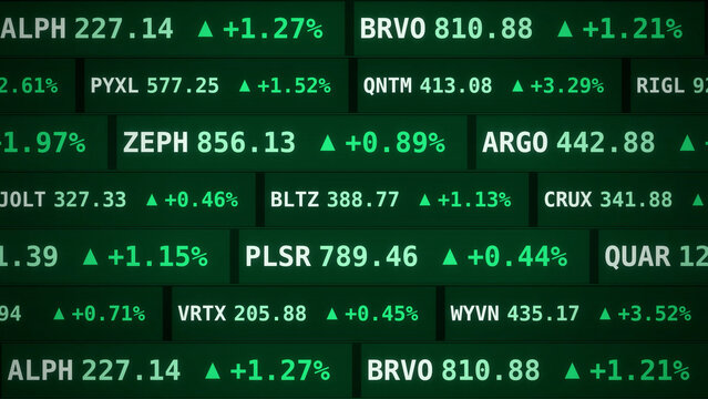 Green stock market ticker screen displaying rising financial data, positive percentages, and upward arrows, representing a global economic growth, bullish market trends, or financial success