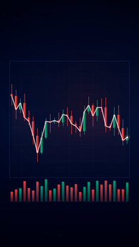 Stock market candlestick chart showing a sharp downward trend with a white moving average line on a dark blue background, representing a financial crisis, investment losses, bearish economy, Vertical