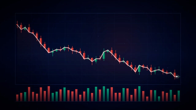Stock market candlestick chart showing a sharp downward trend with a white moving average line on a dark blue background, representing a financial crisis, investment losses, or a bearish economy