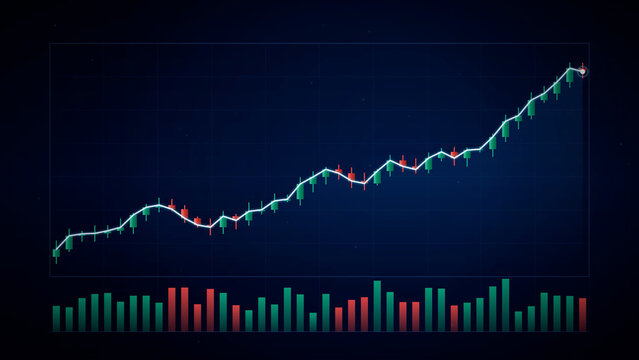 Stock market candlestick chart showing a strong upward growth trend with a white moving average line on a dark blue background, representing financial success, investment profits, and bullish economy