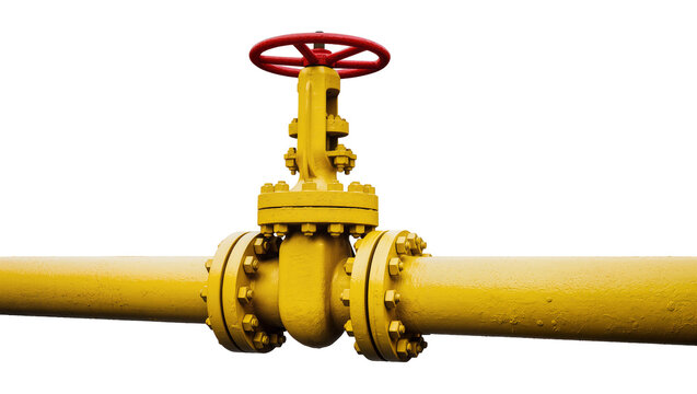 Isolated yellow industrial natural gas pipeline segment with a bright red control valve