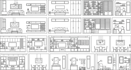 Fototapeta premium Modern Home Interior Line Art Room Collection with Living Bedroom Office and Furniture Vector Set