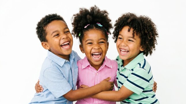 Group of Three Happy African American Children Laughing and Hugging Each Other with Joy, Expressing Genuine Friendship and Childhood Happiness on White Background