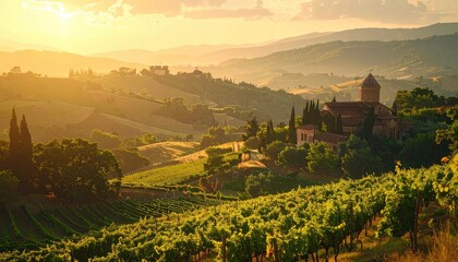 Obraz premium Golden hour illuminates rolling Tuscan hills with vineyards and ancient architecture.