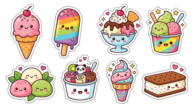 Collection of cute kawaii ice cream desserts with happy faces, perfect for summer treats.